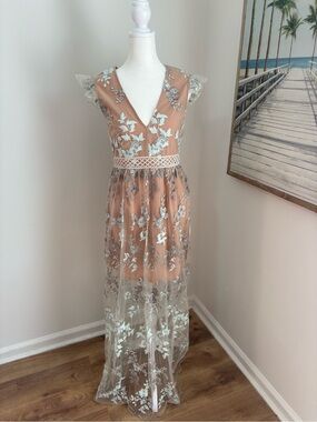 WAYF Oakley Sheer Embroidered V-Neck Maxi Dress